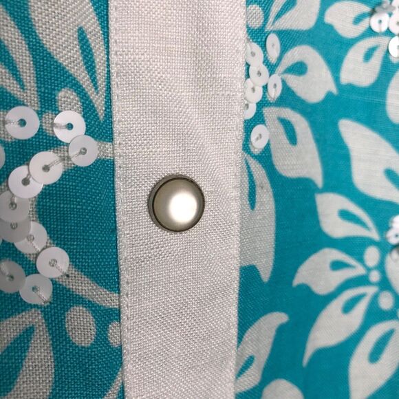 Bob Mackie NWT Wms Wearable Art Linen Blend Floral Turquoise Top Size XL Sequins - Picture 4 of 12